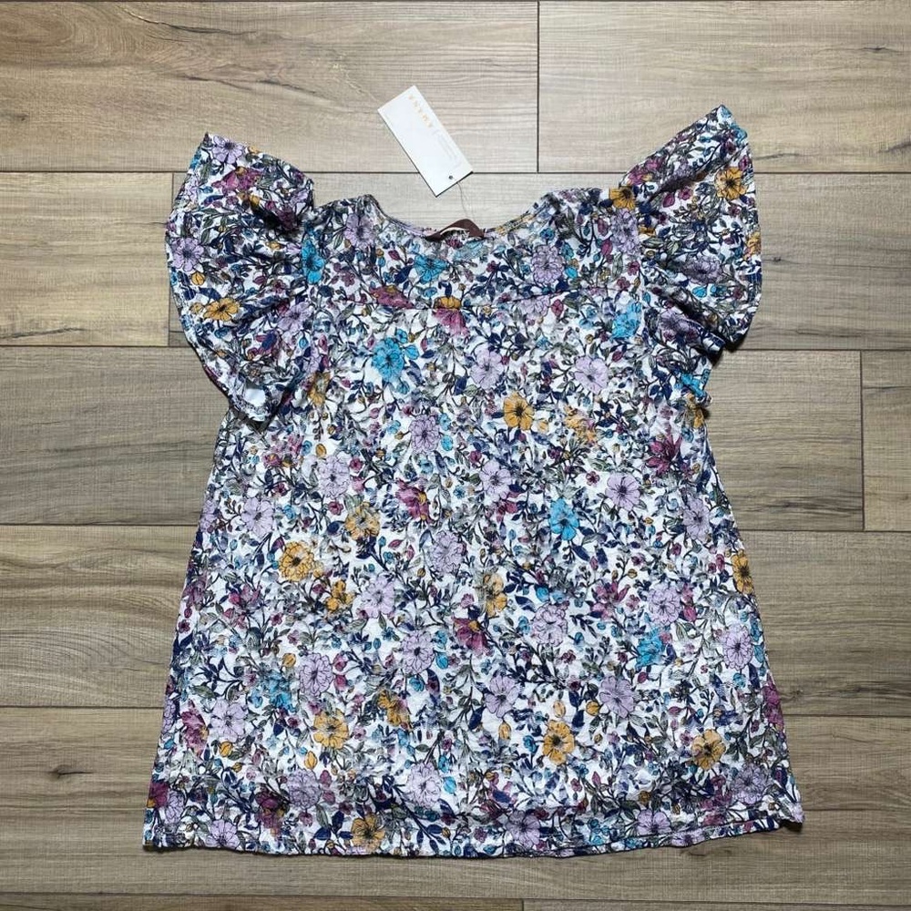 Amana Womens Flutter Sleeve Floral Lined Top Size Large Multicolor‎
